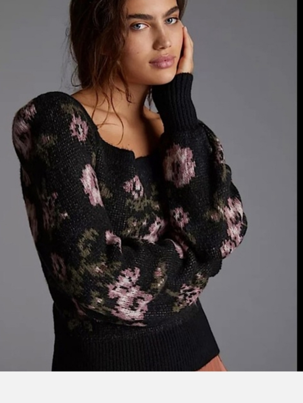 Anthropologie Black Sweater with Pink Floral Knit